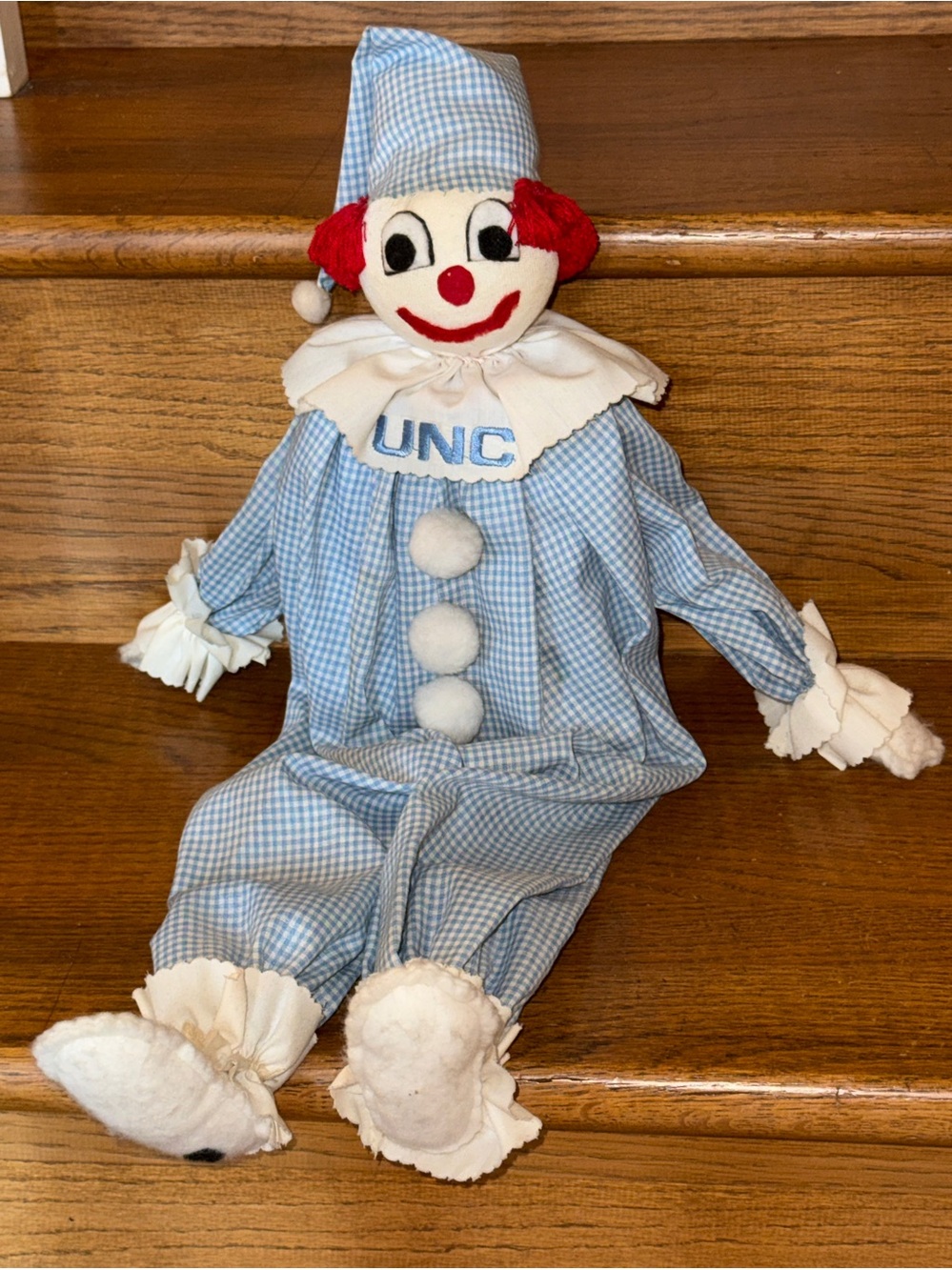 UNC Carolina Tarheel Handcrafted one of a kind blue gingham clown 23” tall NWOT